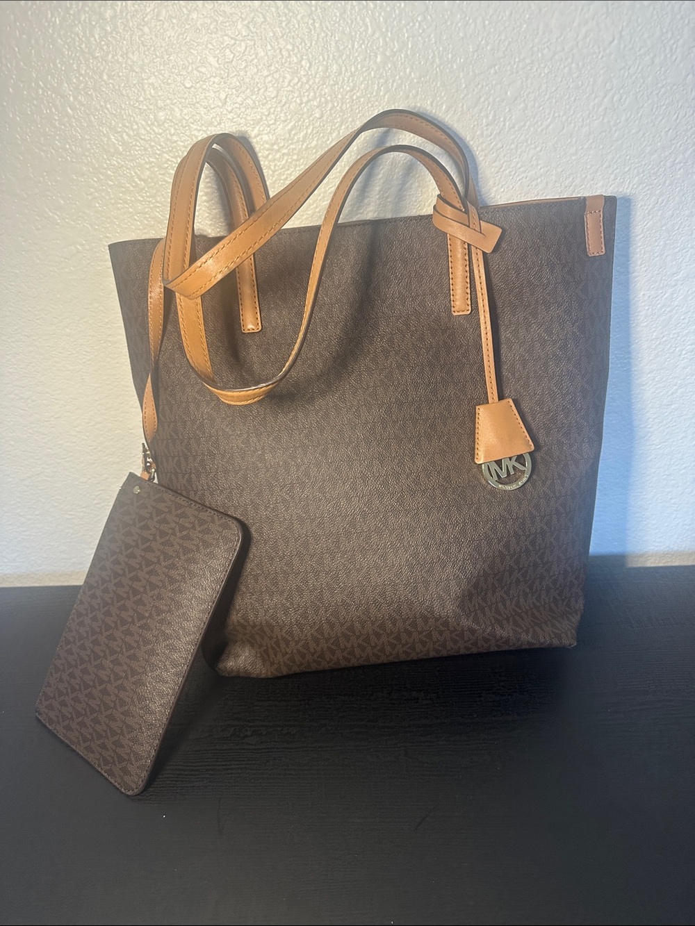Michael Kors Brown Tote with Tan Leather Trim and Wristlet